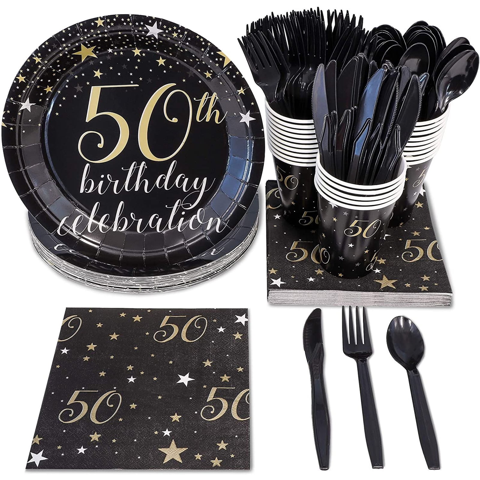 Black and Gold Party Supplies Disposable Black Party Plates Tableware Napkins Cups Cutlery Banner for Cocktail 20s Party 18th 50th 70th Birthday Graduation Plates Gold Black Paper Plates 24 Guests