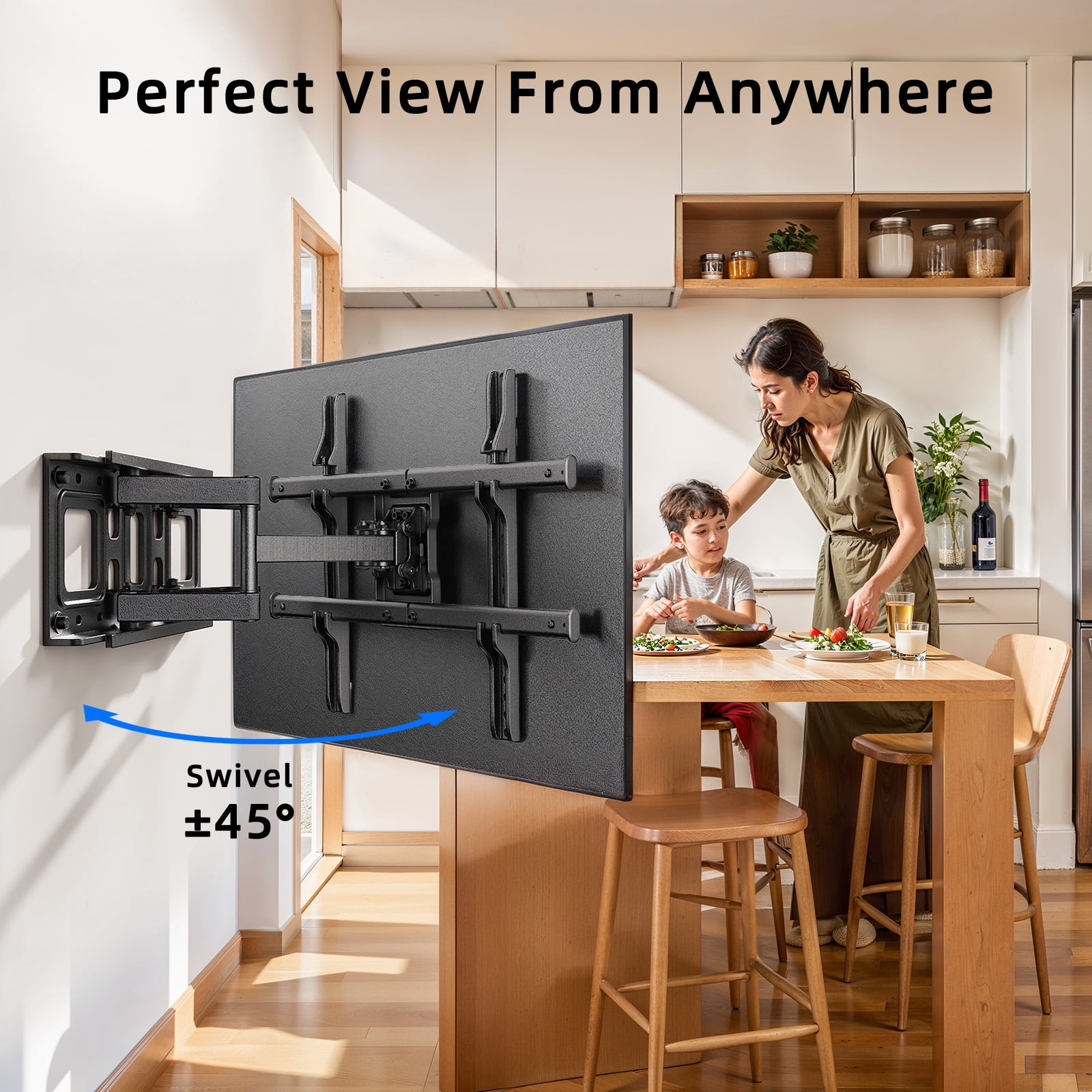 MountFTV Full Motion TV Wall Mount Bracket for Most 37-85 inch Flat Curved TVs, Holds up to 132 lbs, Max 600x400mm