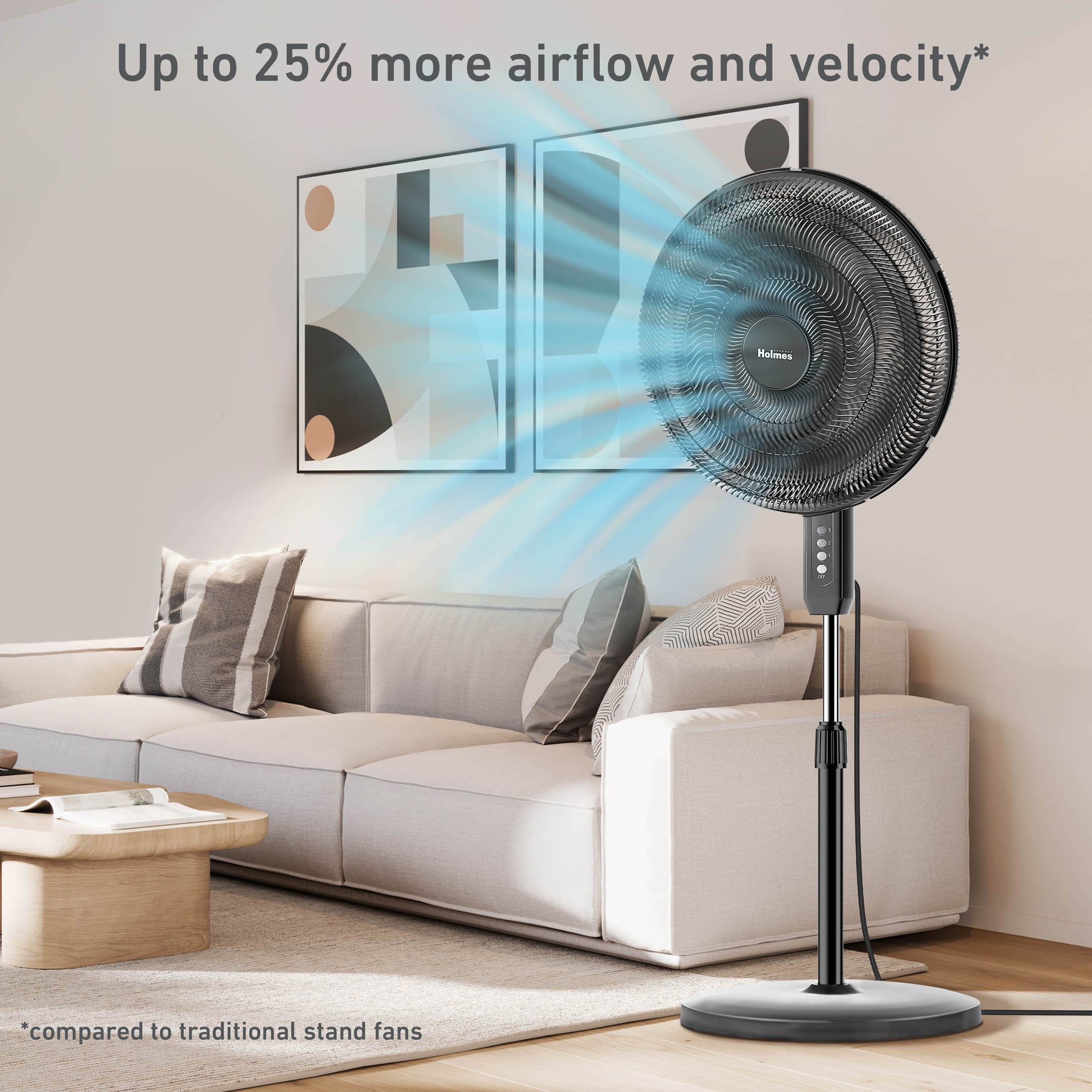 Holmes Big Breeze 16" Manual Oscillating Powerful Airflow Stand Fan, 3 Speeds, Black