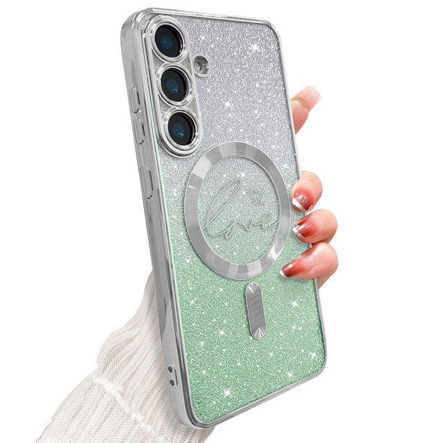 Zonrw Para Samsung Galaxy S25 Funda Magnética Para Mujer Niña Suave Lindo Lujo Amor Corazón Chapado Bling Degradado Brillo Claro Funda Para Teléfono Compatible Con Magsafe Contraportada A Prueba De Go