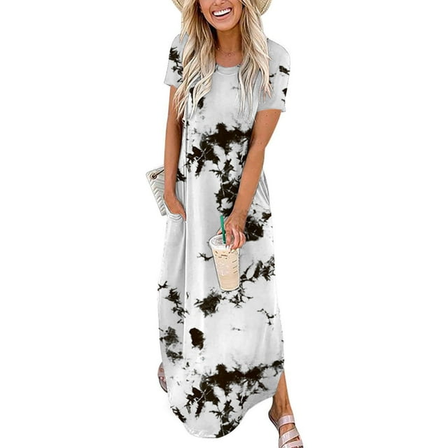 SMihono Robe Maxi Bohème d'Été pour Femmes Grande Taille Robes Maxi d'Été Décontractées Col Rond Croisé Manches Courtes Fente Vacances Plage Longue Robe Plage Swing Robe d'Été