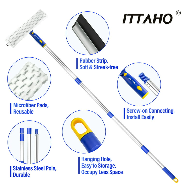 ITTAHO Double Sided Window Cleaner,Window Squeegee and Microfiber Scrubber  with 53 Stainless Steel Pole,Long Handle Window Washing Equipment for  Indoor Outside High Window Cleaning-Two Pads