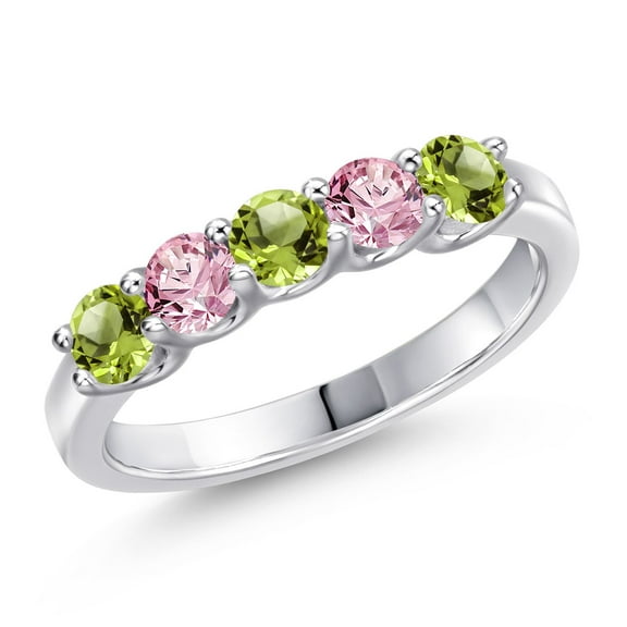 Gem Stone King 925 Sterling Silver Green Peridot and Pink Lab Grown Diamond Wedding-Bands Ring for Women | 0.98 Cttw | Round 3.5MM | Gemstone August Birthstone | Size 9