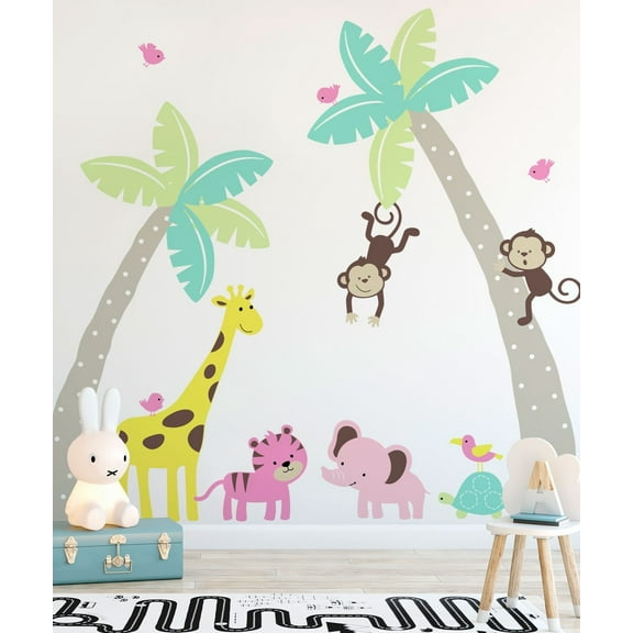 Palm Trees with Cute Jungle Animals Wall Decal - Scheme C
