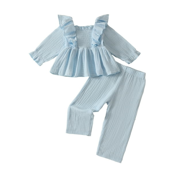 Odeerbi 6M-5Y Niñas Algodón Conjuntos Ruffle Manga Larga Tops Pantalones Dos Piezas
