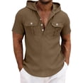 thumbnail image 2 of BiZtdJrK Men Cargo Hoodie Cotton Linen Button V Neck Short Sleeve Hooded Shirts Fashion Travel Beach Vacation Summer Pullover Tops with Chest Pockets Brown S, 2 of 6