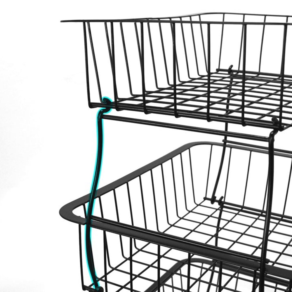 TEAFIRST 3 Tier Basket Cart, Stackable Metal Wire Baskets with Rolling Wheels Storage, Black
