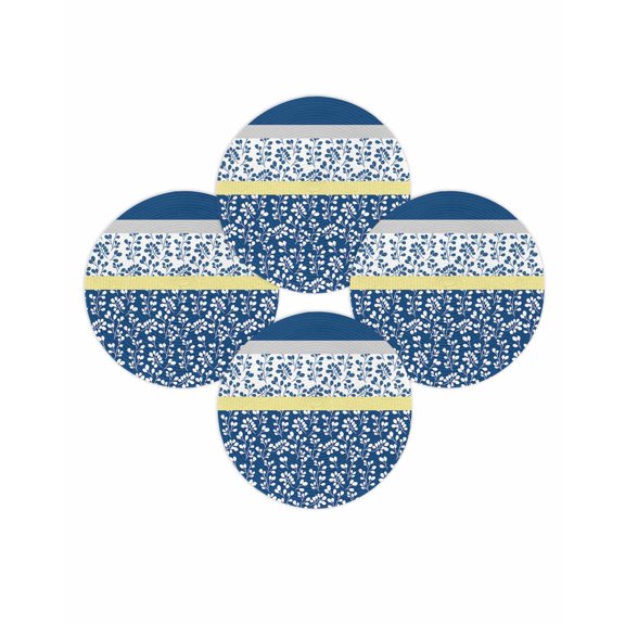 Round Placemats Set of 4 Blue Yellow Leaves Place Mats Washable Woven Placemat Stitching Stripes Circle Braided Table Mat for Kitchen Dining Table Party Home Decor 15 Inch
