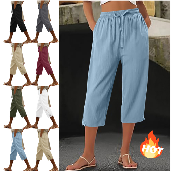Mifsaly Linen Capri Pants for Women Lace Hem Hollow Out Embroidery Cropped Trousers Elastic Waist Drawstring Summer Casual Beach Crop Pant L