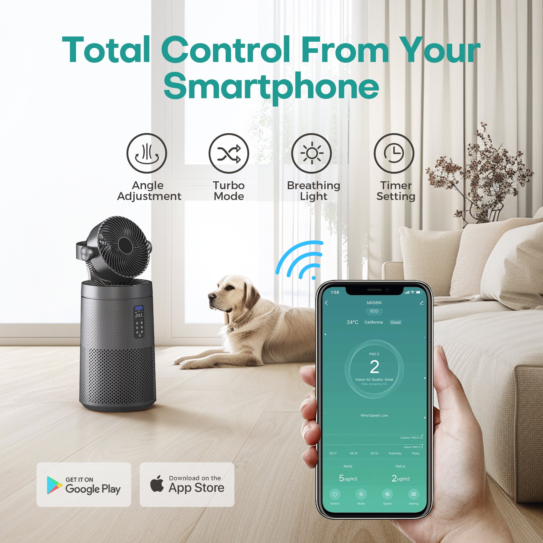 Air Purifier Fan for Home Large Rooms Up to 2500 Sq.Ft Smart WiFi Air Circulator Cleaner with Washable Filter, Space Gray