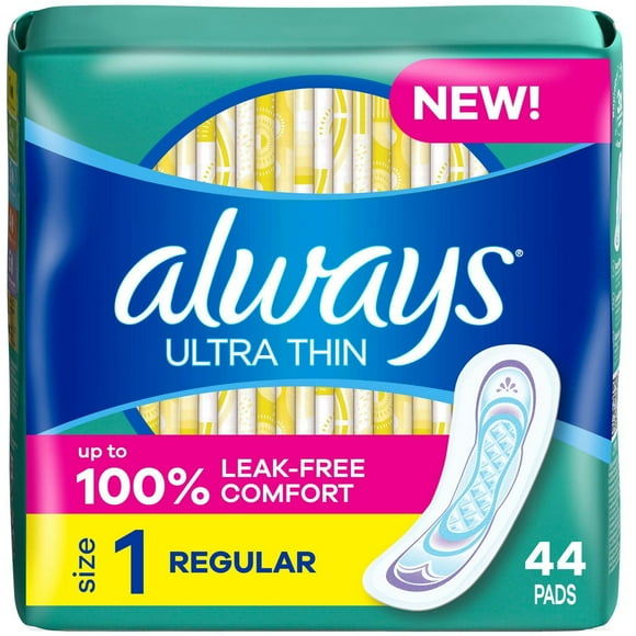 Always Ultra Thin Feminine Pads without Wings for Women, Size 1, Regular Absorbency, Unscented, 44CT