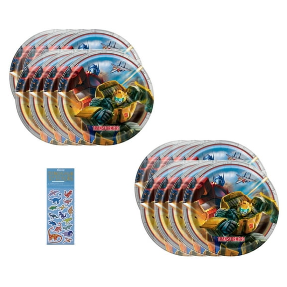 Transformers Birthday Party Supplies Bundles 16 Lunch Paper Plates and 1 Dinosaur Sticker Sheet