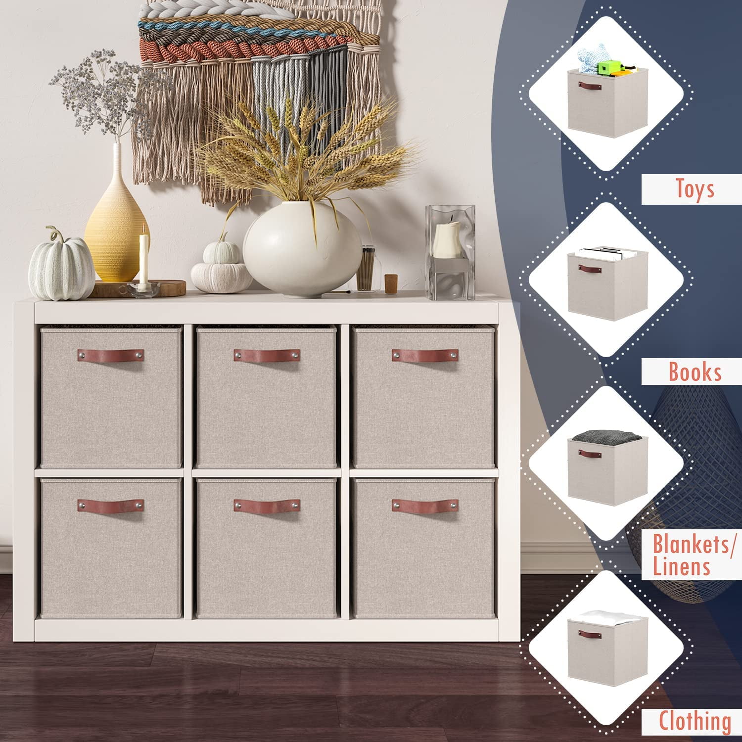 Ornavo Home Foldable Collapsible Storage Box Bins Linen Fabric Shelf Basket Cube Organizer with Leather Handles - Set of 6 - 11 x 11 x 11 - Beige
