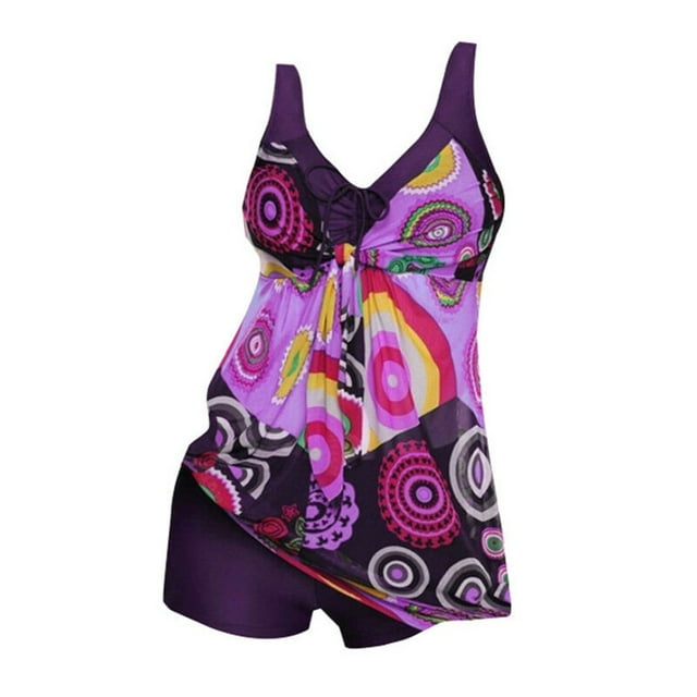 Women Plus Size Swimwear Printed Bathing Suit Pleated Summer Bather
