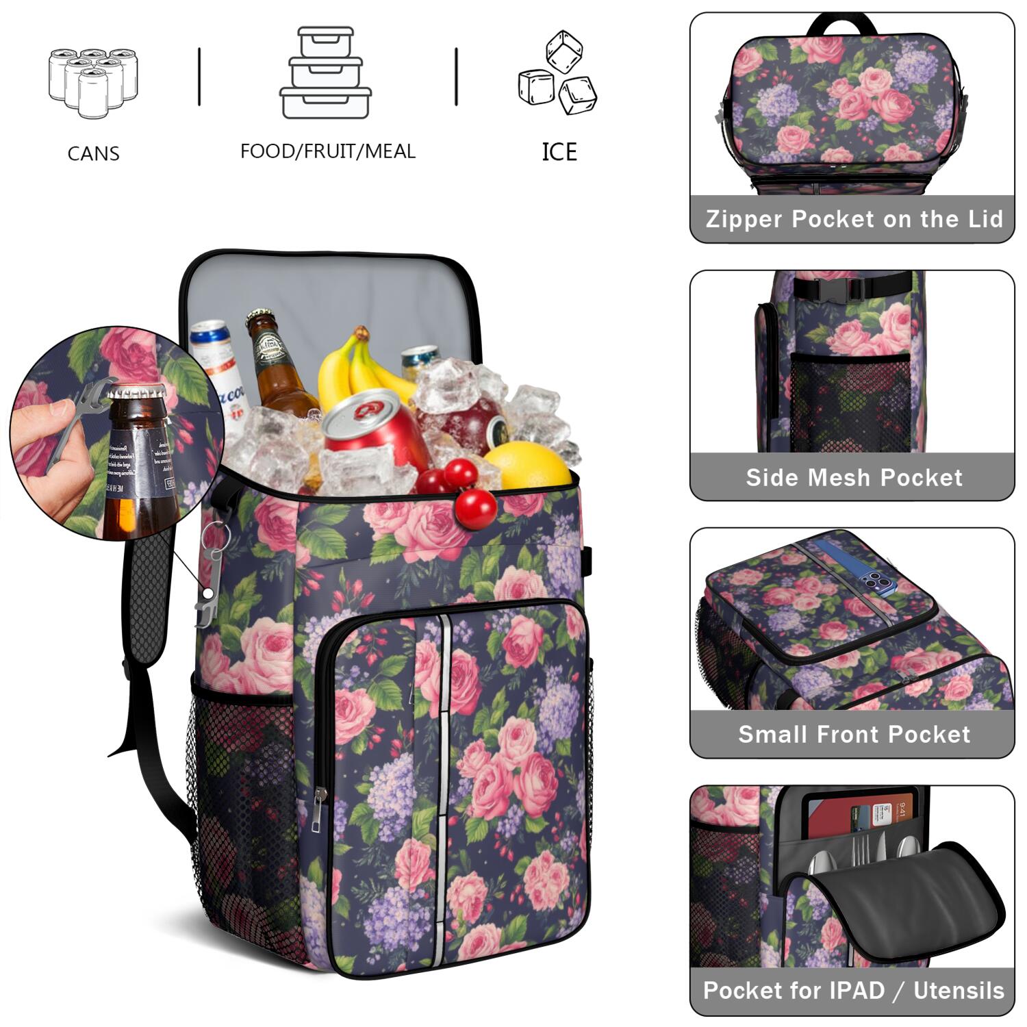 Travel Cooler Bag - Pioneer Flower Floral Print Pattern Camping Beer Cooler Backpack with Bottle Opener- Waterproof Insulated Picnic Backpacks - Cooler Bag for Beach