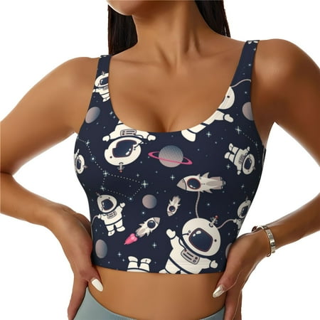 Sports Bras for Women - Cartoon Spaceship Seamless Yoga Bra Workout Crop Top with Removable Pads