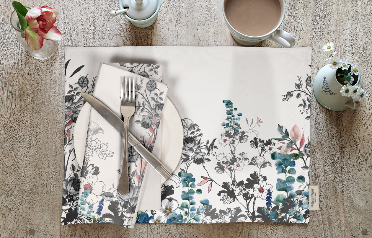 Vargottam Placemats- Placemat For Dining Table, Set Of 4- Printed & Reversible CottonNapkin-IndoorPlacematsFor Home & Kitchen Dining Table- Watercolor Flowers (Blue & Gray)