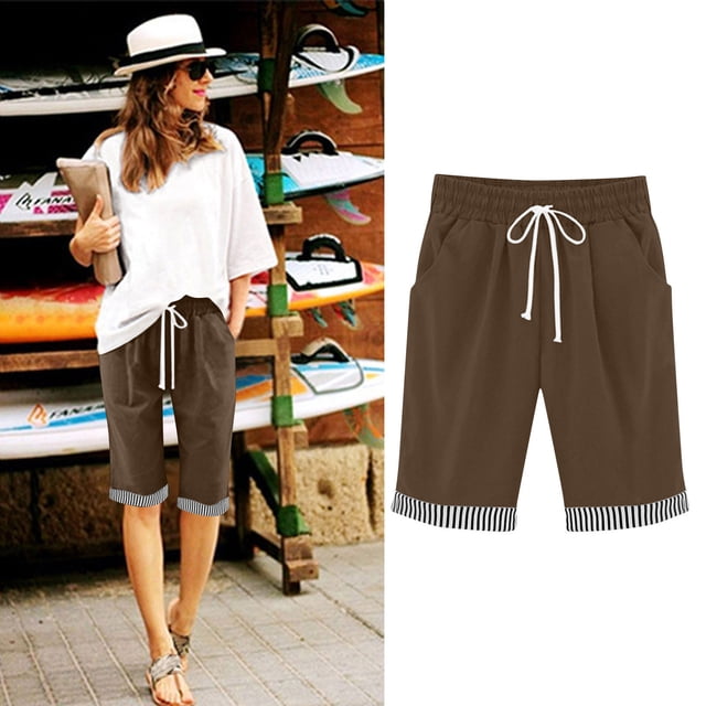 LVHAOGJOB Womens Summer Shorts Linen Plus Size with Pockets Elastic Waist Solid Color Shorts Pants for Ladies Loose