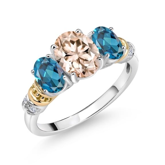 Gem Stone King 925 Sterling Silver and 10K Yellow Gold Oval Peach Morganite London Blue Topaz and White Diamond 3 Stone Ring for Women (2.23 Cttw, Gemstone October Birthstone, Size 5)