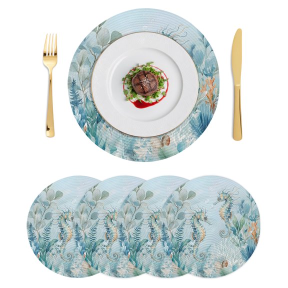 Round Placemats Coastal Teal Blue Seahorse 15 inch Set of 4 Table Mats for Dining Table Summer Oceans Beach Corals Seaweed Heat Resistant Non-Slip Kitchen & Home Decorative Place Mat Set