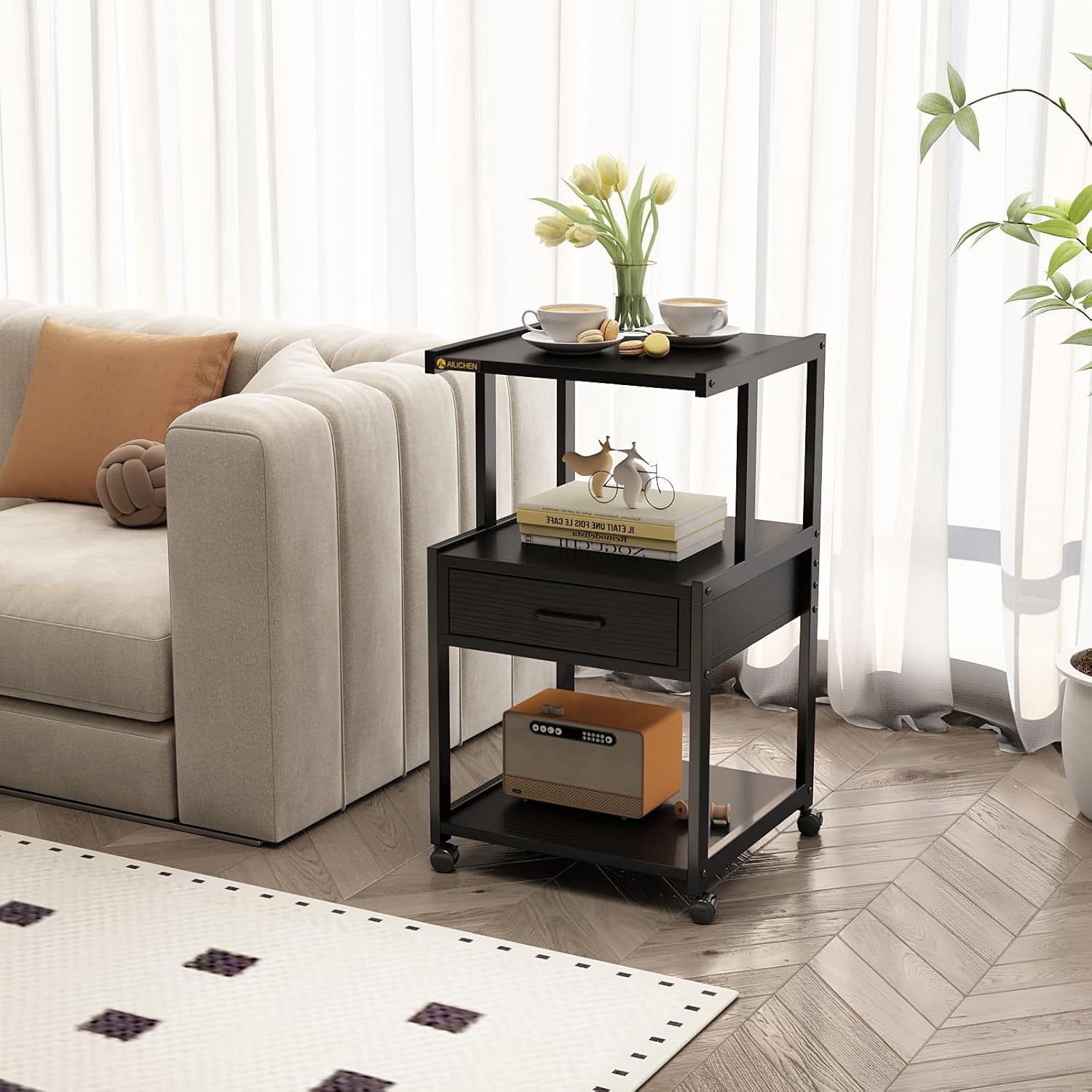 ALISENED 3-Tier Mobile Printer Stand with Storage Rolling Floor-Standing Deskside Shredder Storage Shelf Rack for Home Office,Study,Living Room