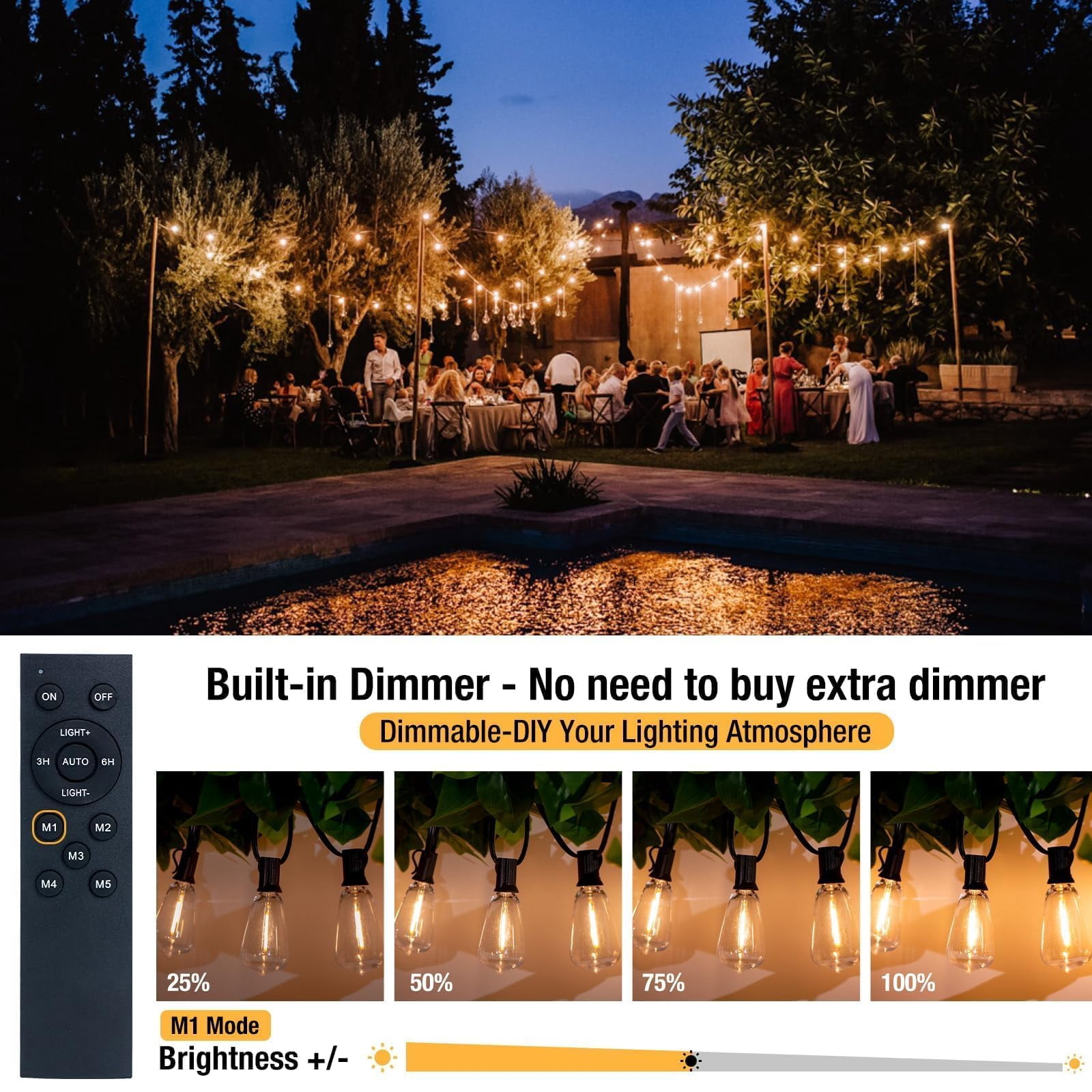 2 Pack 7ft Outdoor String Lights with Remote, Waterproof Patio Lights with ST38 Edison Bulbs Dimmable Timer for Backyard Porch Garden Bistro, Yellow