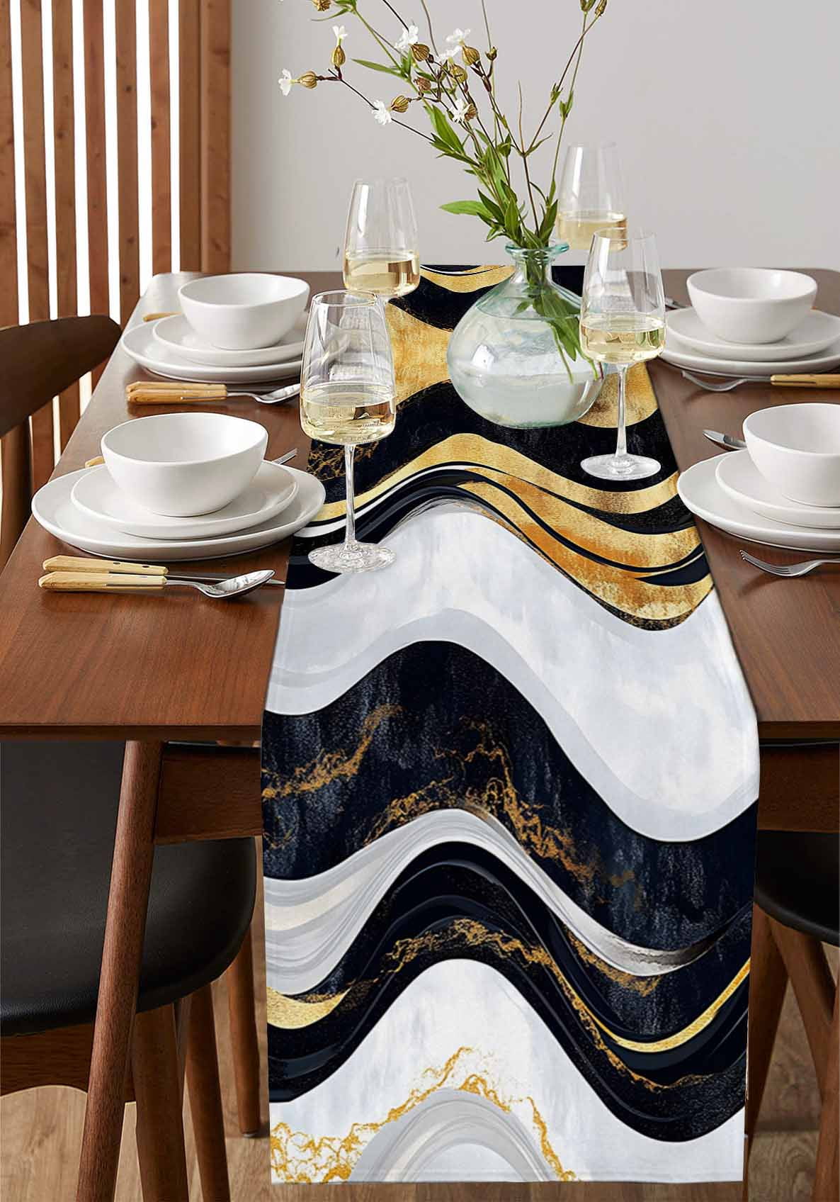 Table Runner Abstract Black White Gold Stripes Table Decoration for Kitchen Dinning Modern Table Decoration for Indoor Outdoor Party Wedding Decor 13x72inch