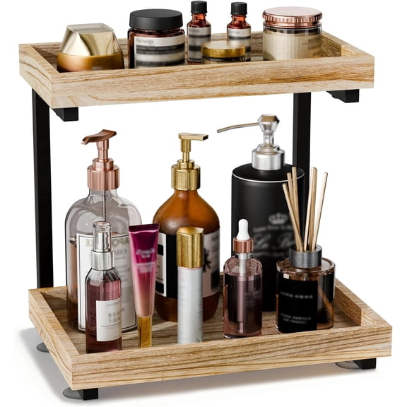 2-Tier Wooden Bathroom Countertop Organization, Vanity Organizers and Storage for Makeup, Perfume & Skincare, Anti-Slip Counter shelf with Embedded Screw Holes for Bathroom, Kitchen (Light Brown)