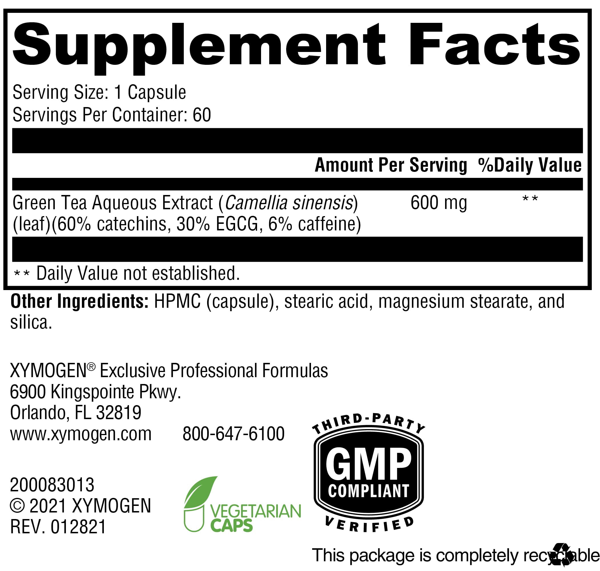 XYMOGEN Green Tea 600 - Ultra Pure Green Tea Extract Capsules - Immune Support Supplement - Supports Heart Health + Brain Health - Gluten Free, Vegan, Non GMO (60 Capsules)