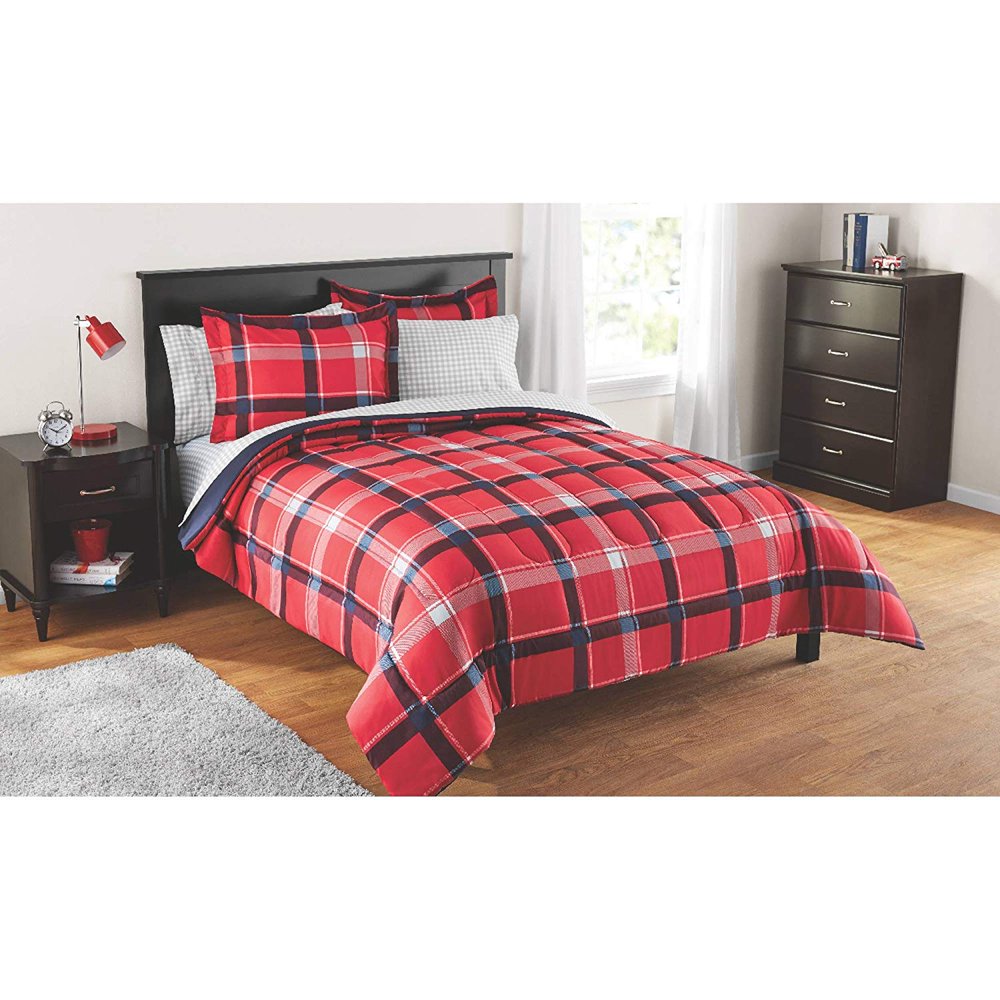 Kids Red Plaid Bag Complete Bedding Set 7PC Full