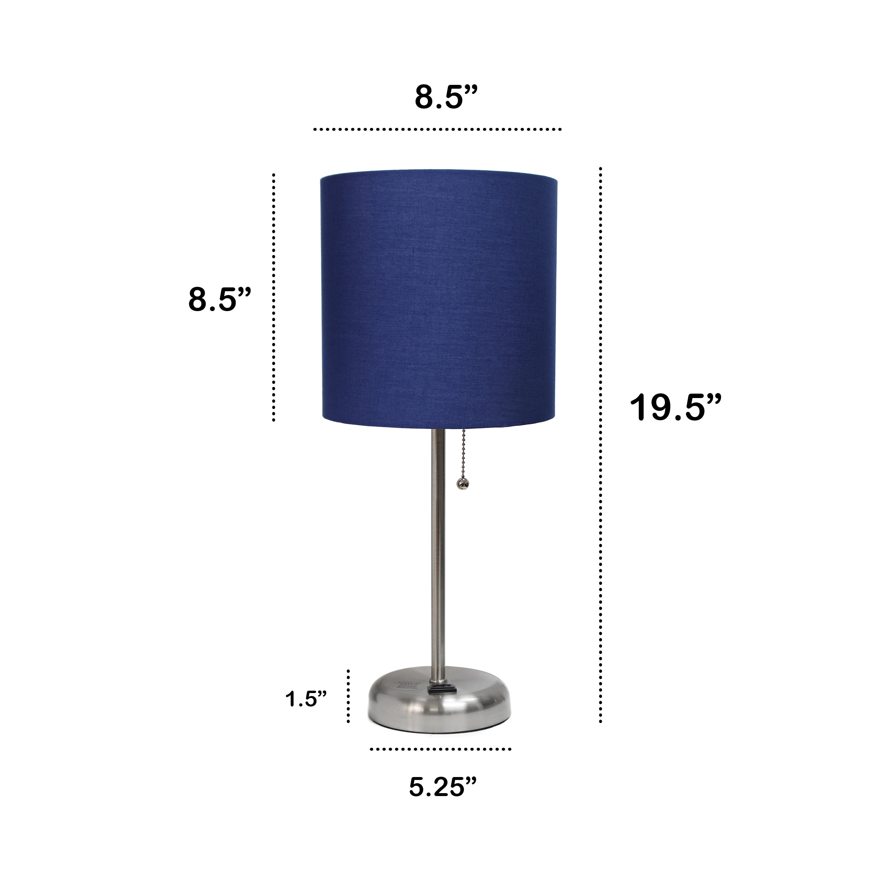 Creekwood Home 19.5" Brushed Steel Lamp with Charging Outlet, Navy Blue Shade & LED Bulb
