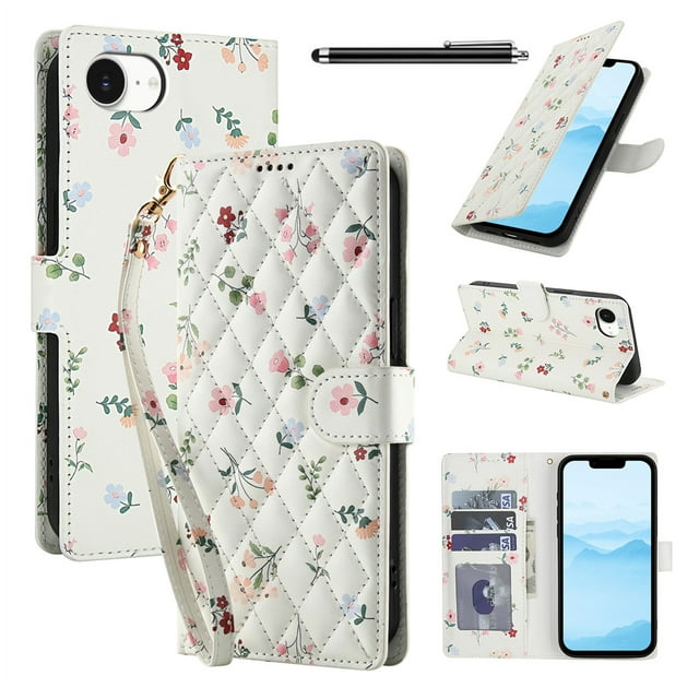 Wallet Case for iPhone 16e , PU Leather Phone Cover Kickstand RFID Blocking Flip Case Card Slots Wrist Strap Relief Engraved Pattern Magnetic Folio Wallet With Stylus Pen , Pink Flower