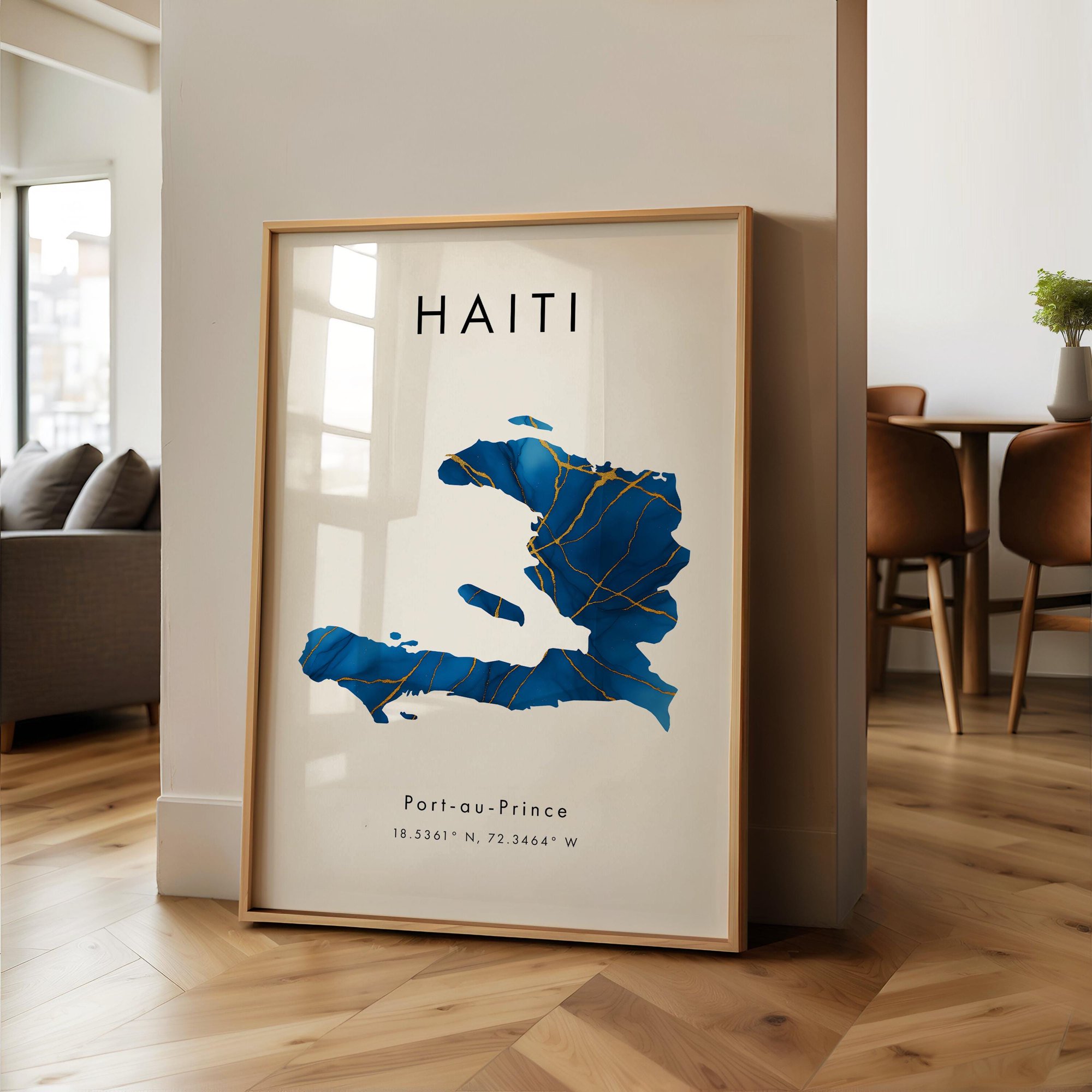 Haiti Map PRINTED Poster Blue and Gold North America Wall Art Print Home Decor Geography Map Gift Wallpaper
