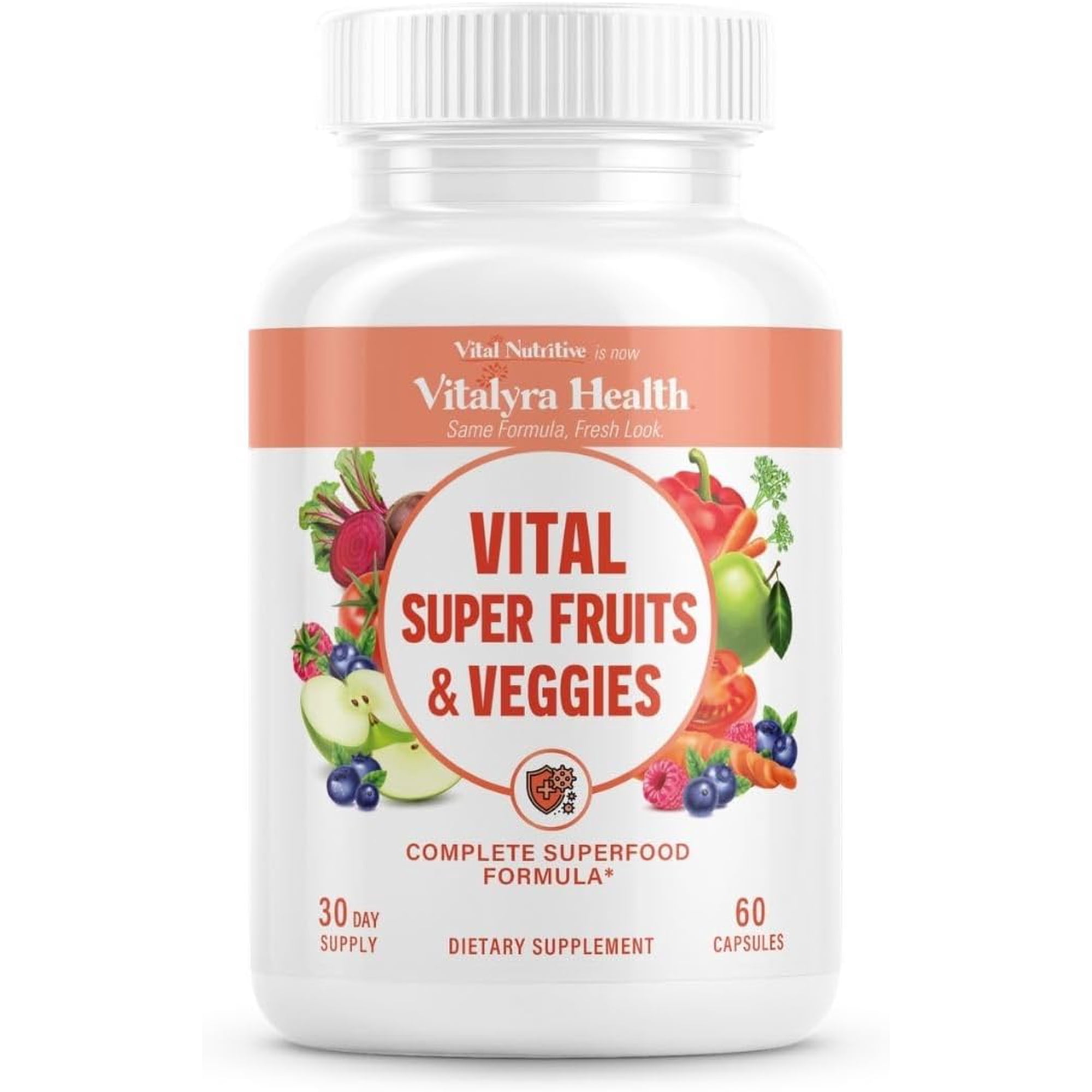 Vital Super Fruits & Veggies Daily Superfood Capsules, Plant-Based Greens Supplement with Antioxidants, 60 Count