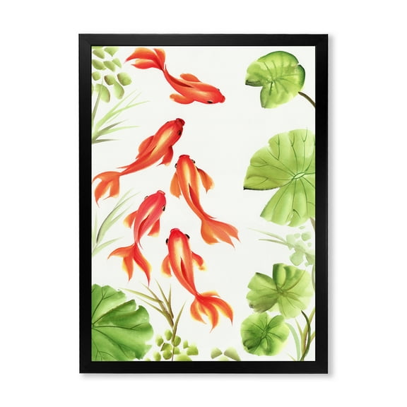 Designart 'Ancient Goldfishes Among The Lotus Leaves' Nautical & Coastal Framed Art Print