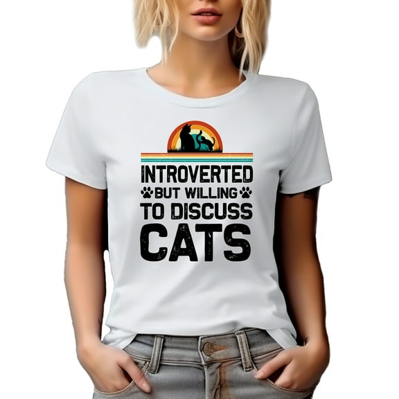 Retro Distressed Introverted but Willing to Discuss Cats, Cat Lover Introvert, White T-Shirt, Small