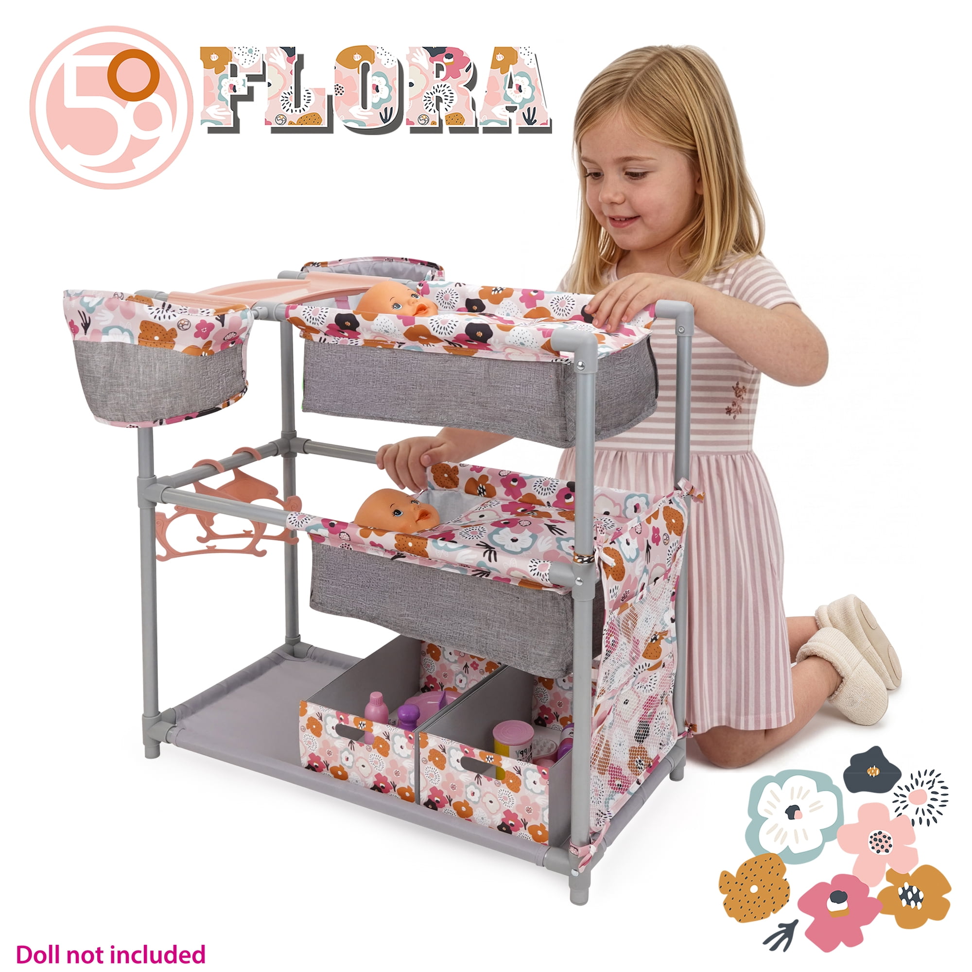 509 Crew: Melange Flora - Twin Center & Accessories Set - Gray-Pink-Flower, Bunk Bed Highchair Station, 15 Feeding-Grooming Accessory Toys, Kids 3+