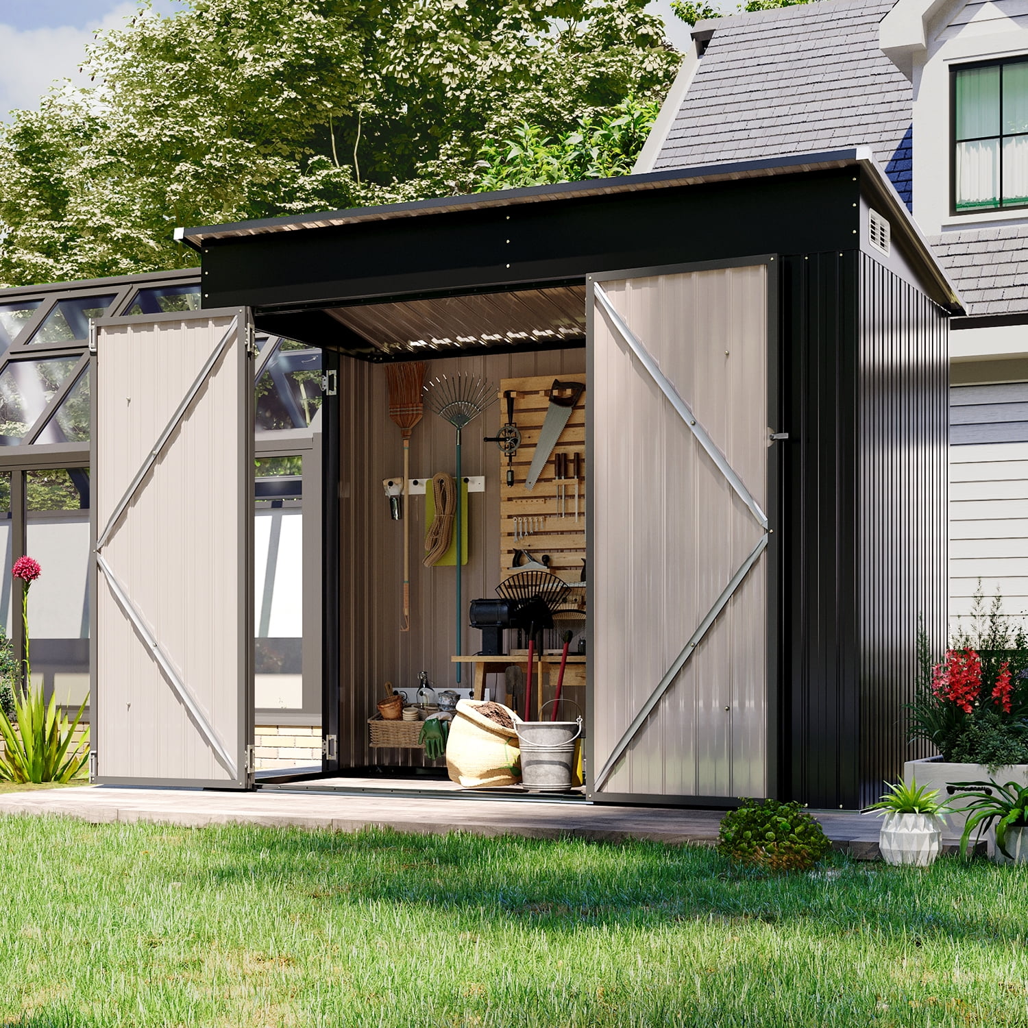 BaPiPro 8'x4' Lean-to Metal Storage Shed, Outdoor Lockable Shed with Triple Doors & Vents for Garden, Backyard, Patio - Black