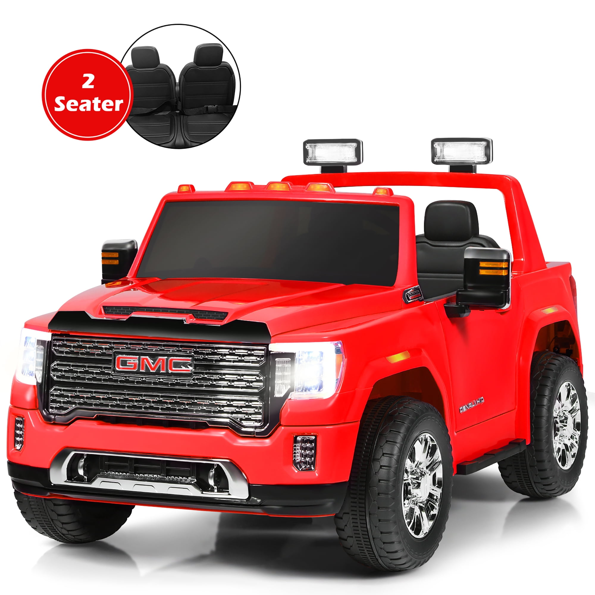 12V 2 Seater Licensed GMC Kids Ride On Truck RC Electric Car with Storage Box Red Costway