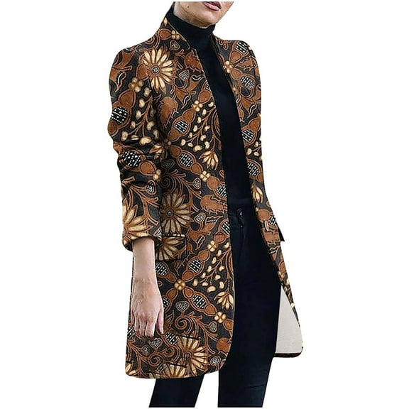 IROINNID Women's Mid-Long Open Front Coat Stand Collar Graphic Prints Long Sleeve Elegant Outerwear Casual Tweed Loose ooo, Brown