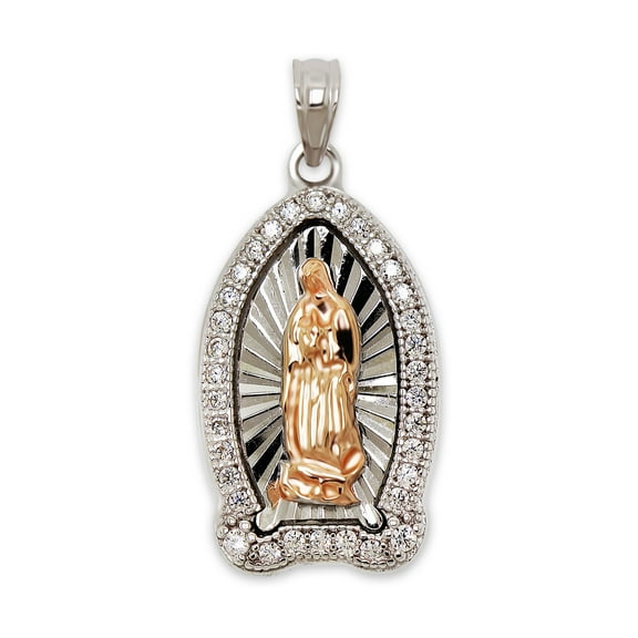 Silver Lady of Guadalupe Pendant Charm - 925 Sterling Silver - Cubic Zirconia- Religious Jewelry - Virgin Mary Jewelry