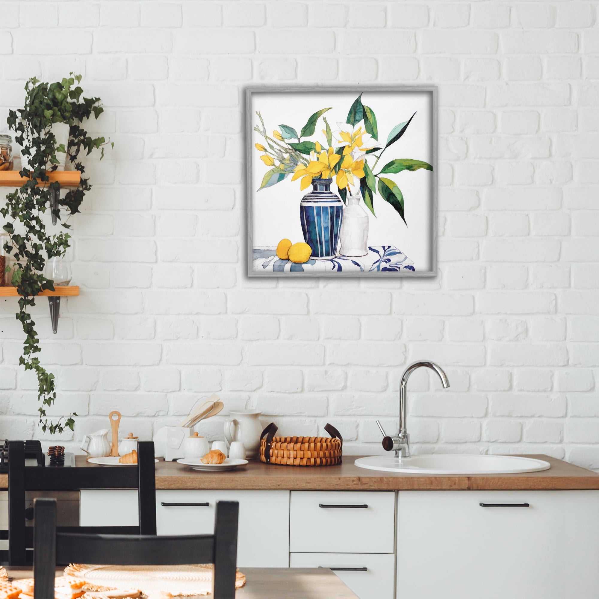 Stupell Industries Lemons And Blooms Table Gray Framed Giclee Art, design by Ray Powers