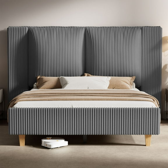 HOMSHADE Queen Size Bed Frame with 51" Tall Headboard, Upholstered Corduroy Platform Bed, Easy Assembly, No Box Spring Needed, Gray