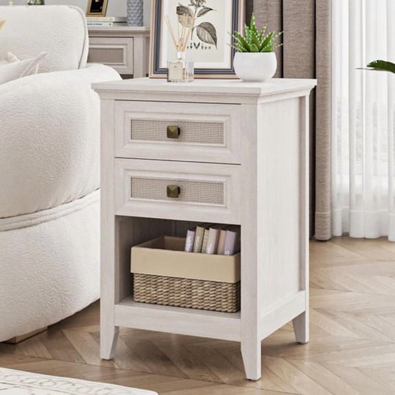 Farmhouse Nightstand, Boho Bedside Table with 2 Rattan Decor Drawers, Accent End Table with Open Storage Shelf, Wood Bedside Unit for Bedroom, Living Room, Home Office, Grayish White
