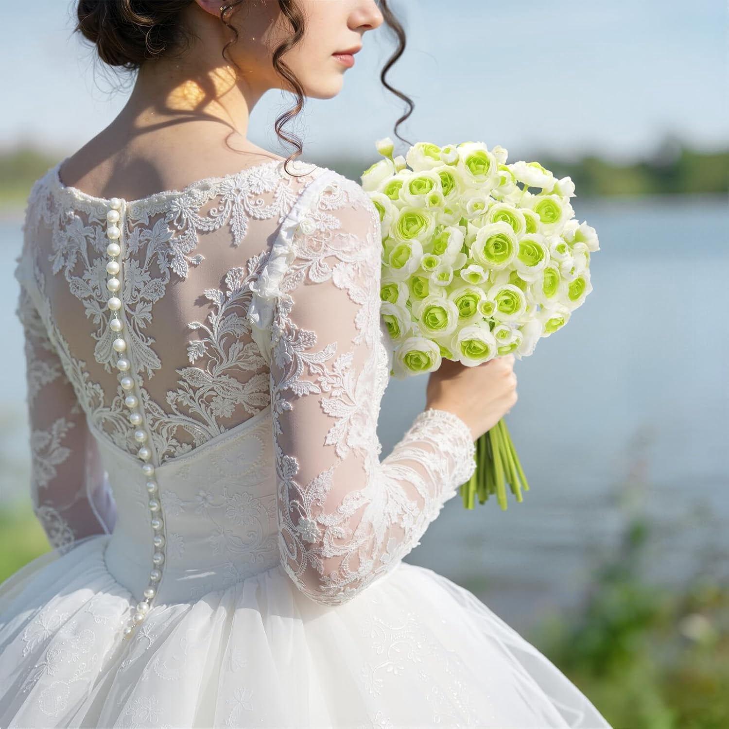 30Pcs Ranunculus Artificial Flowers Faux Silk Mini Ranunculus, Spring Flowers Artificial Indoor for DIY Bouquets, Bulk Fake Wedding Filler Flowers for Bride Decorations & Arrangements, Green