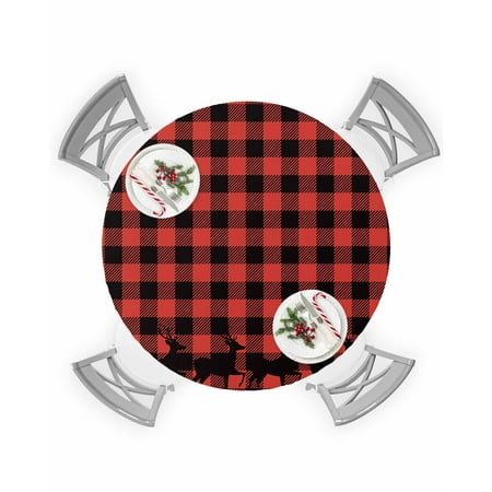 

Round Tablecloth with Elastic Christmas Buffalo Red Black Plaid Elk Waterproof Stain-proof Table Cover Wipeable Fitted Table Cloths for 55 -60 Round Tables Dining Kitchen Indoor Outdoor Use
