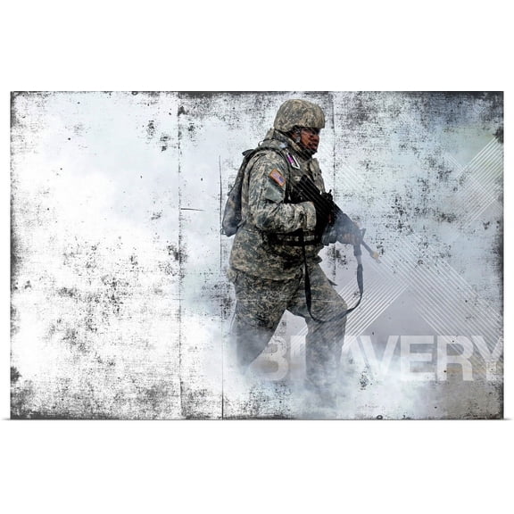 Great BIG Canvas | "Military Grunge Poster: Bravery. A soldier races through a smoke screen" Art Print - 36x24
