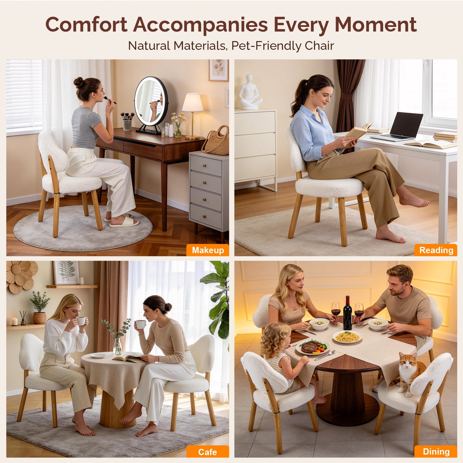 Ktaxon Blended Chenille Armless Vanity Chair Cloud Backrest Desk Chair, Rubber Wood Makeup Chair for Bedroom Living Room Office Reading Room White