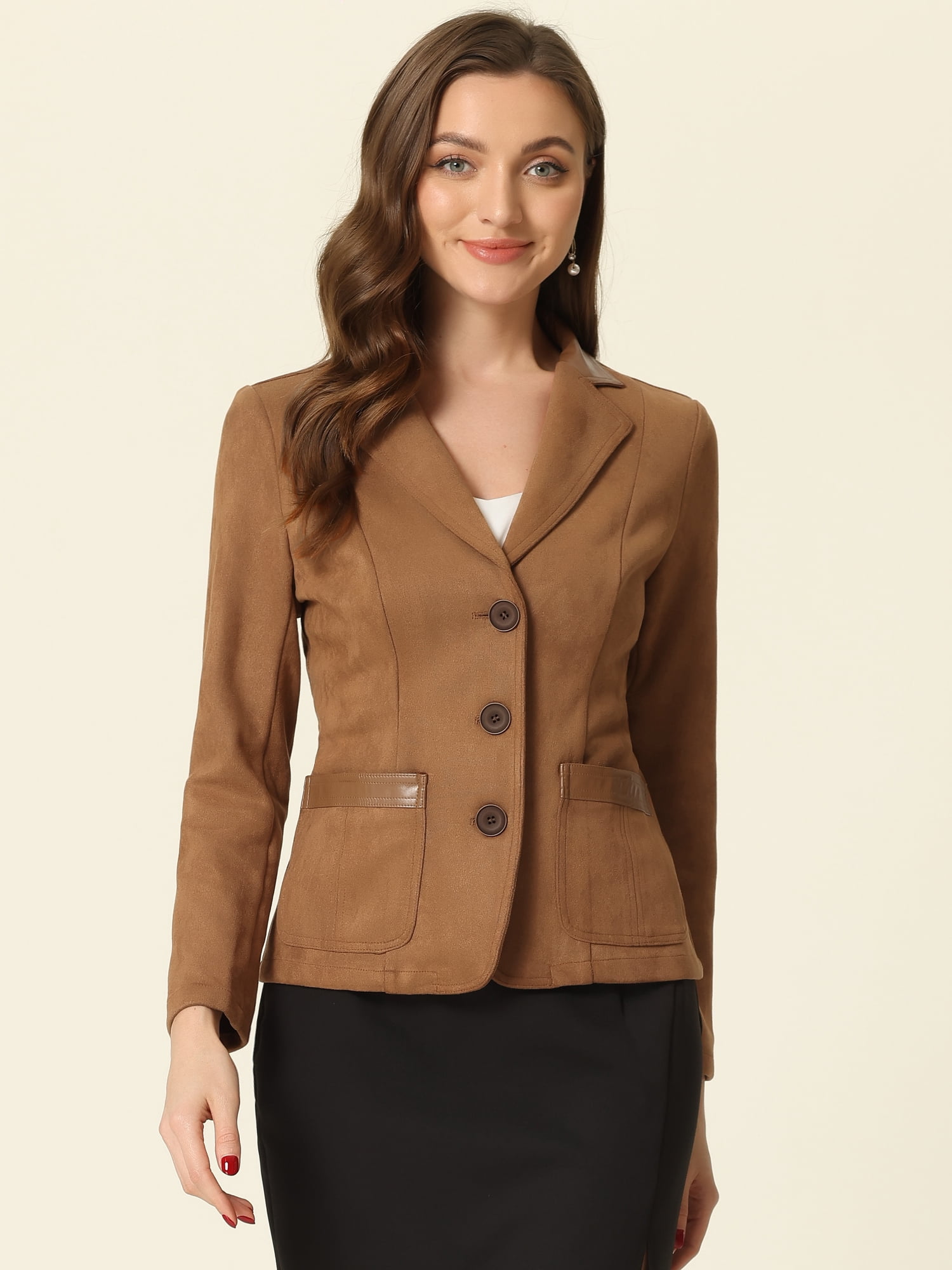 DARING DIVA Women's Faux Suede Lapel Collar Button Down Blazer L Light Brown