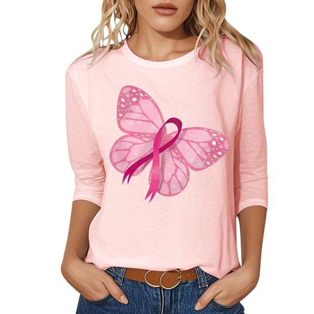 Fgnfyis T-Shirts pour Femmes Sensibilisation au Cancer Haut Décontracté Col Rond Manches Trois-Quarts Design Imprimé pour Usage Quotidien et Occasions Festives Printemps Été Automne Hauts pour Femmes Rose Clair TTG